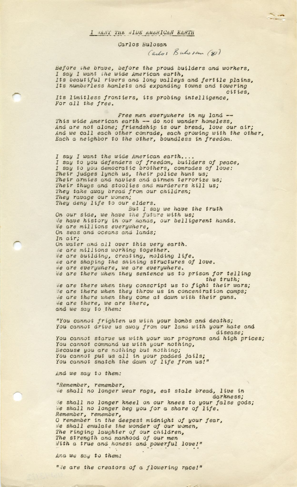 Carlos Bulosan's signed poem, "I Want the Wide American Earth."