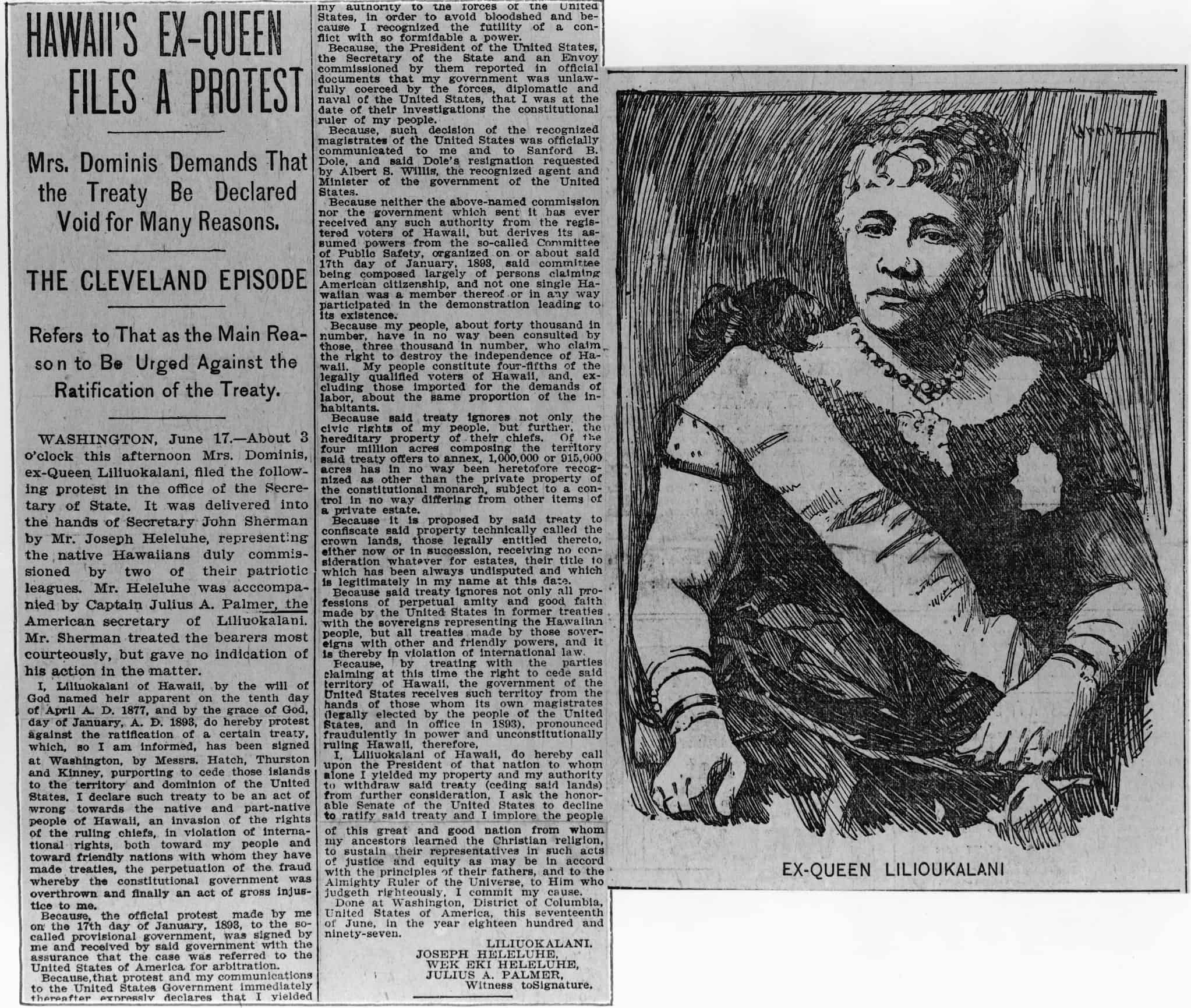 Newspaper article on Queen Liliʻuokalani filing a formal protest against U.S. annexation. Next to the article is an illustration of Liliʻuokalani.