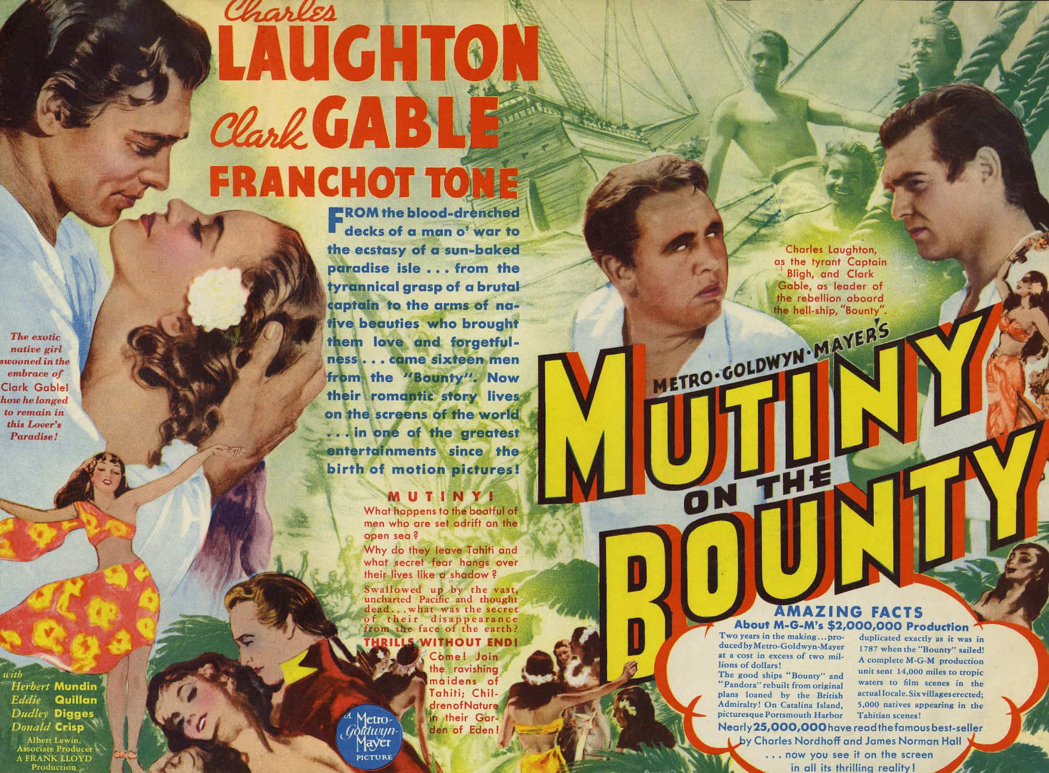 Illustrated poster for MGM's Mutiny on the Bounty. Multiple images of the cast in costume and accompanying text promotes the movie.