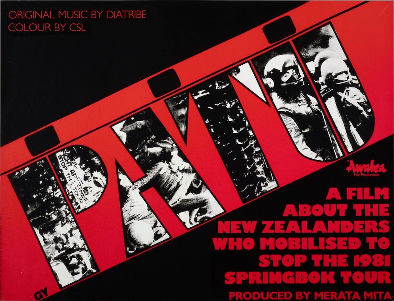 Movie poster for the film Patu. A stylized film strip laid diagonally with images from anti-Apartheid protests is displayed inside the title letters.