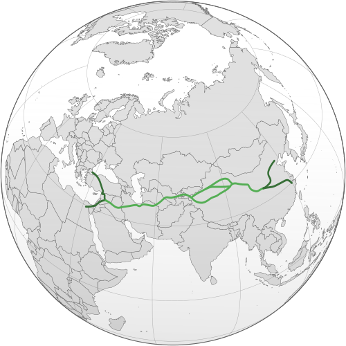 A globe shaped map highlights the Silk Road from Asia to the Middle East.
