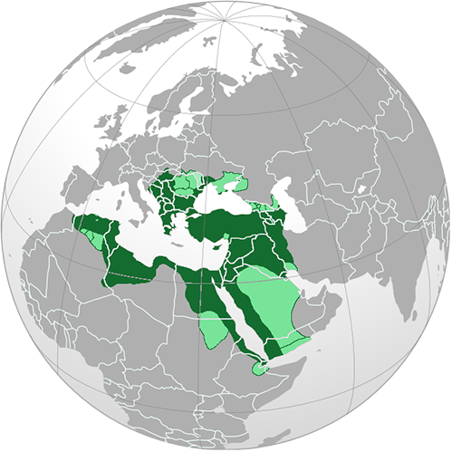 A globe shaped map highlights the Ottoman Empire in Northern Africa, the Middle East, and the Mediterranean.