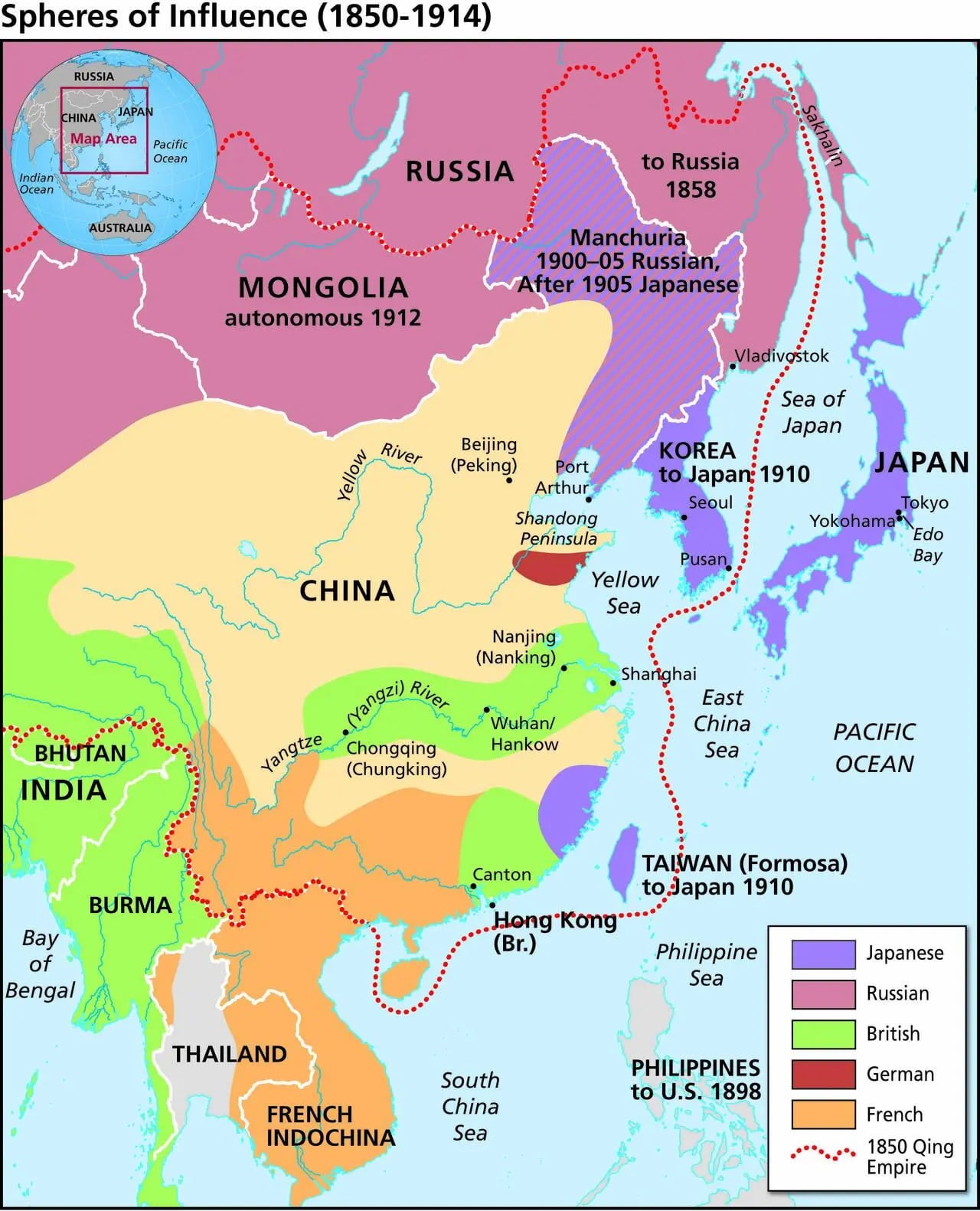 A map showing Spheres of Influence within the 1850 Qing Empire. Russia, China and Japan are shown and the influence of Britain in India and along the Yangzi River, France in Indonesia, and Germany by the Yellow Sea.