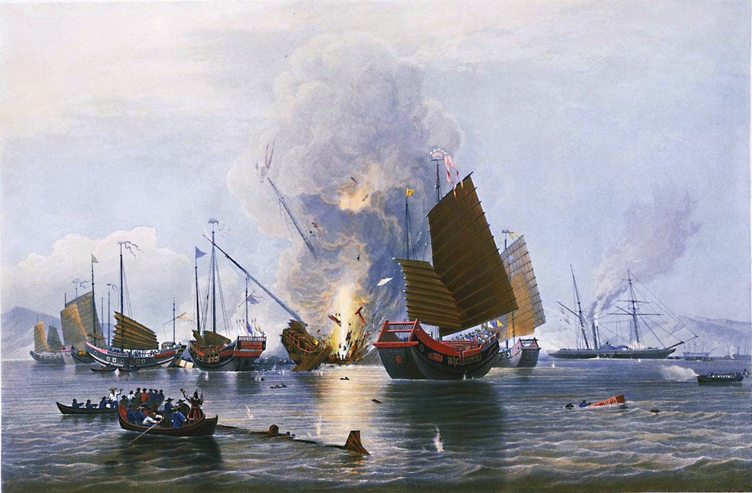 Painting: A fleet of ships during a naval battle. Flames and smoke pour from a Chinese vessal is split in the center in the moment of impact.