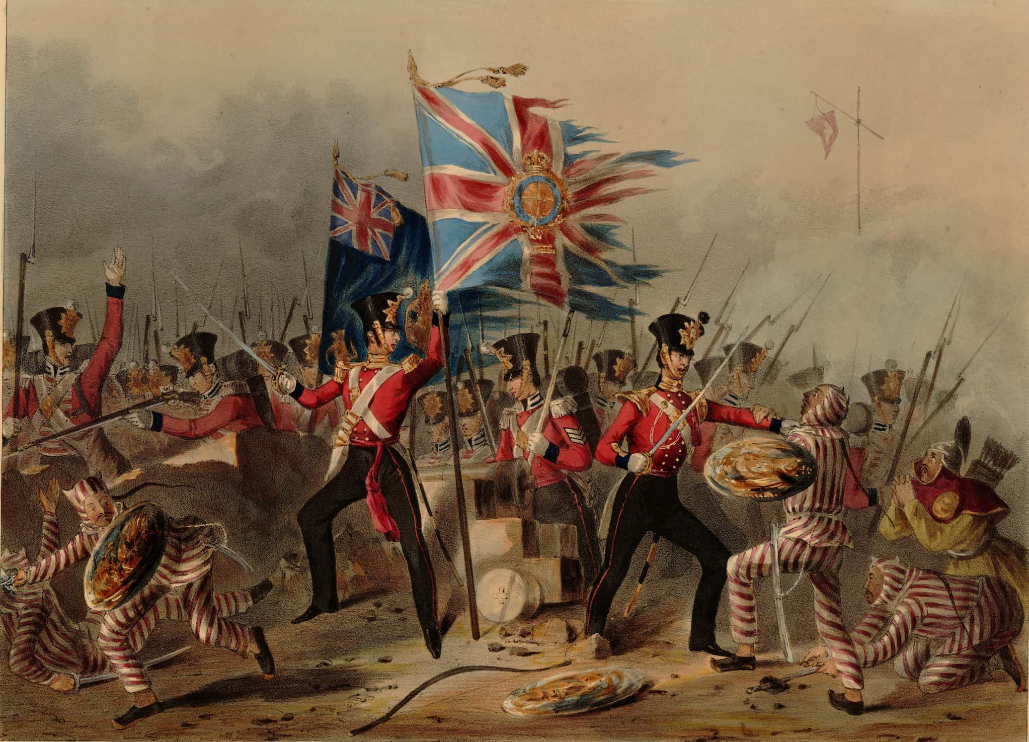 Bristish soldiers in red uniforms fight Chinese soldiers in striped uniforms while tattered flags stand amist the chaos.