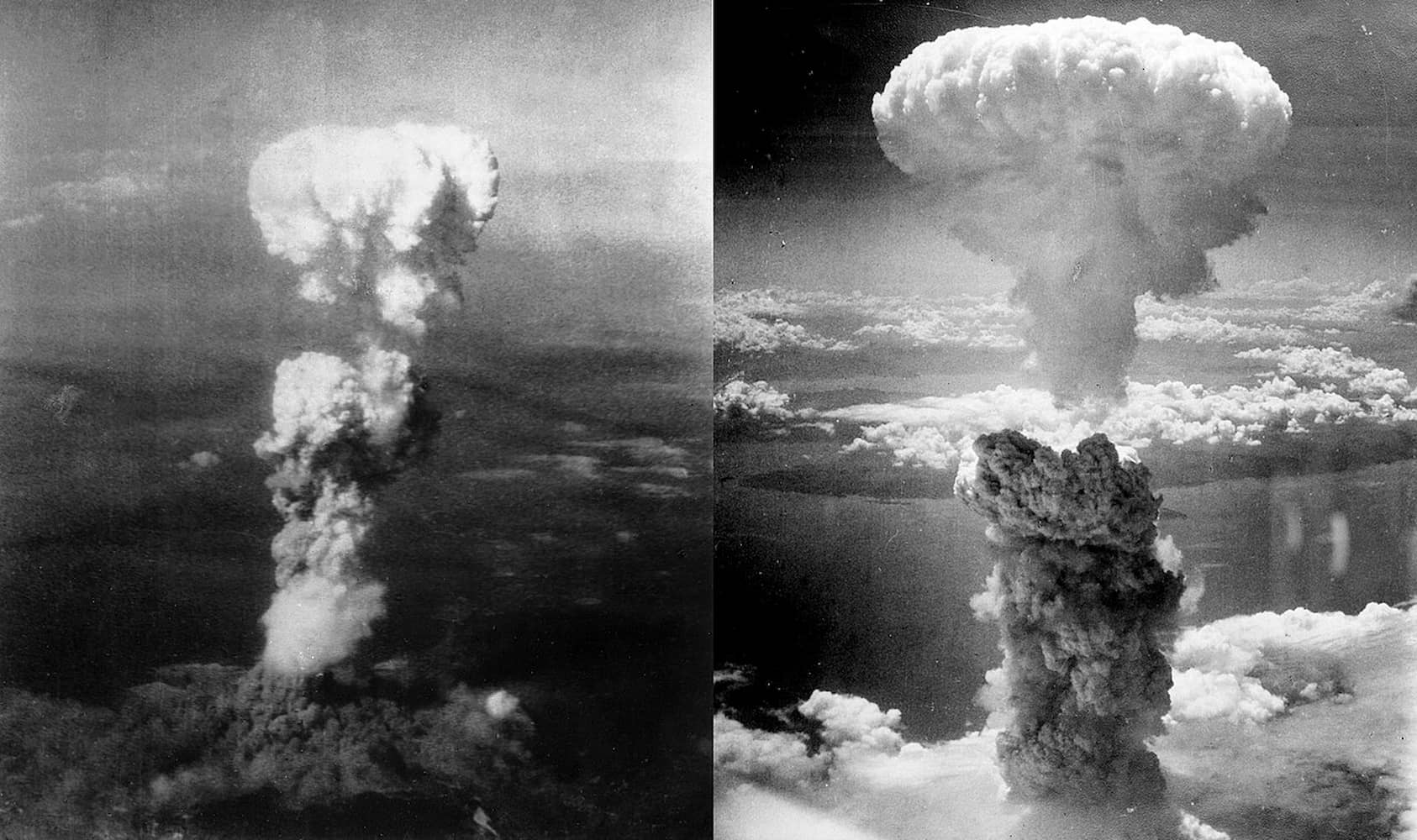 The mushroom clouds in the sky above an atomic bomb detonation.