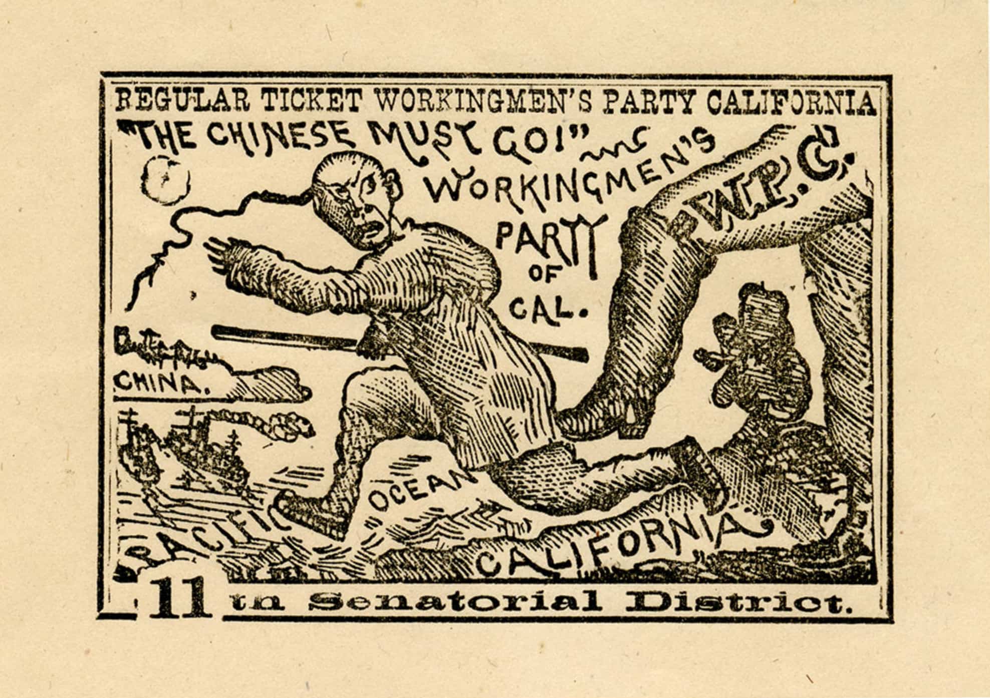 A leg labeled WPC kicks an Asian man with a long pony tail across the Pacific Ocean to China.