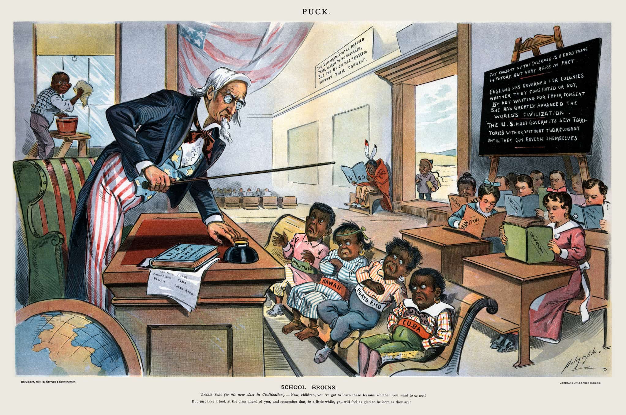 Cartoon: In a classroom, black-skinned children wearing sashes labeled Philippines, Hawaii, Porto Rico, and Cuba are scolded by Uncle Sam while white-skinned children read at their desks.