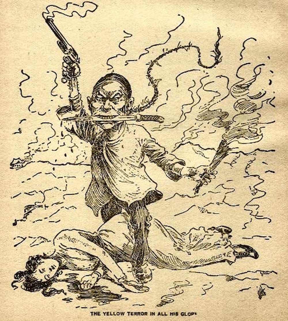 Drawing of a crazed-looking Asian man with a knife between his teeth, holding a pistol and a torch while standing over an unconscious woman.