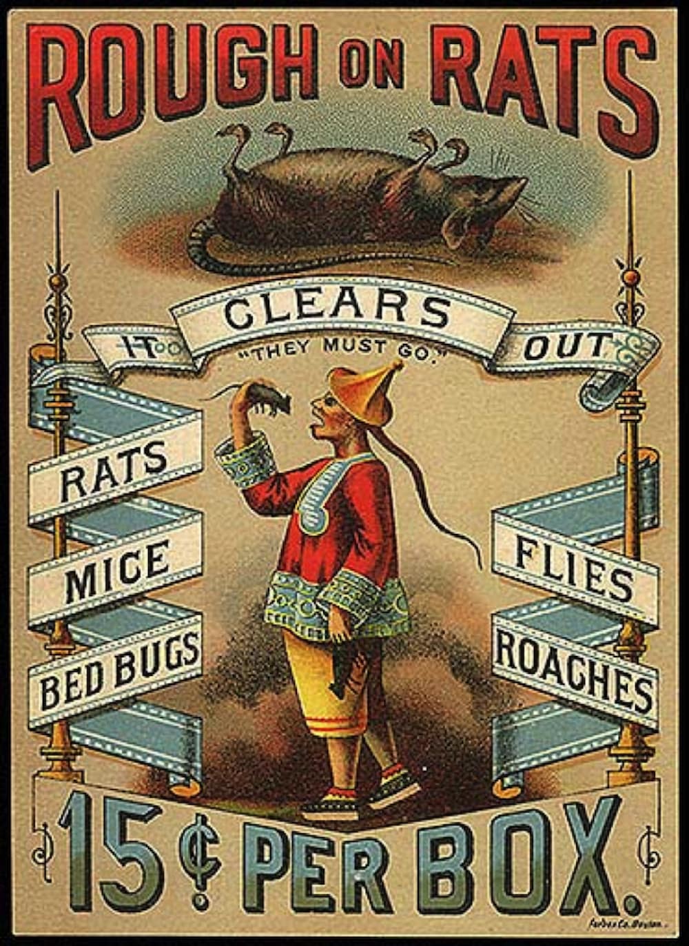 Ad for rat and pest control showing a dead rat and an Asian man holding a rat to his mouth.