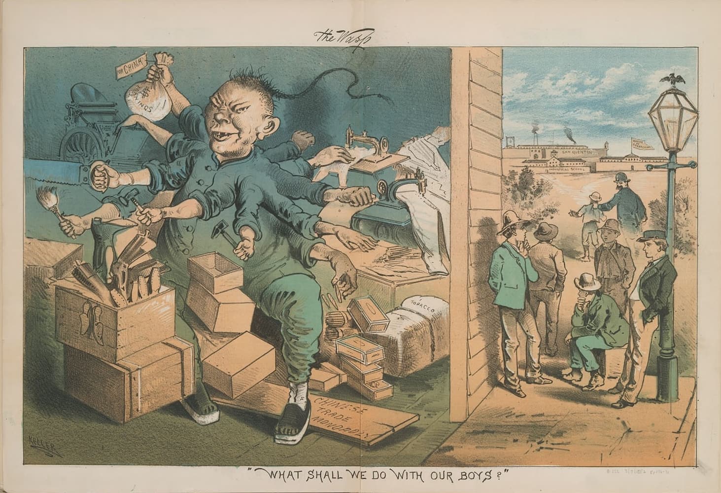 Cartoon: A Chinese man with 11 arms simultaneously irons, washes, and constructs from several boxes while holding a bag of money. A group of young white men linger on the sidewalk outside.