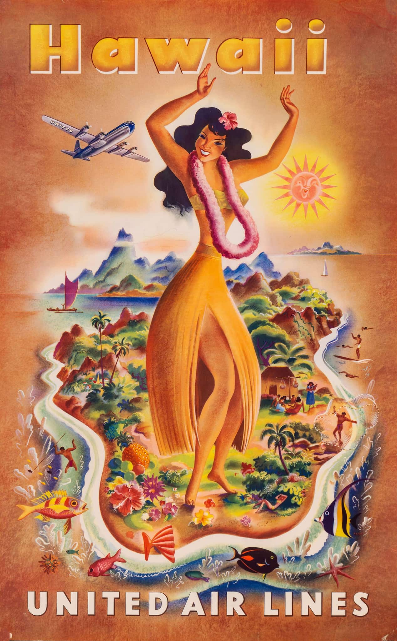 United AIrlines advertises Hawaii with a dancer wearing a lei standing on an island surrounded by tropical fish, flowers, and sun.