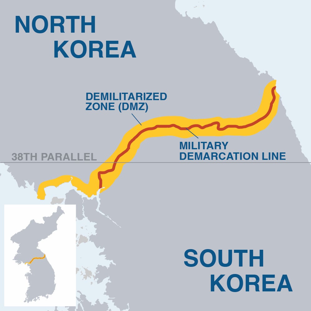 A map highlighting the demilitarized zone between North and South Korea.