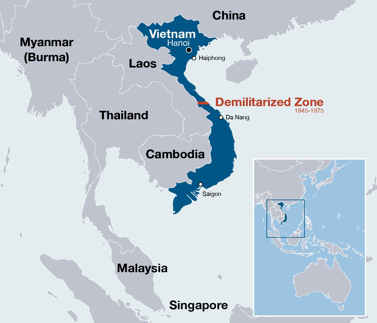 Map of Southeast Asia highlighting Vietnam and its demilitarized zone.