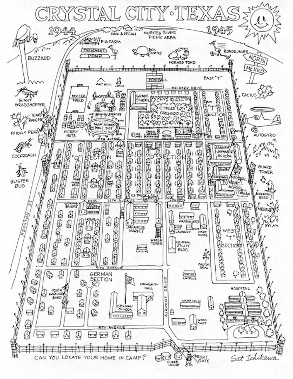 A map showing a grid layout of an internment camp. A large smiling sun shines over the camp.