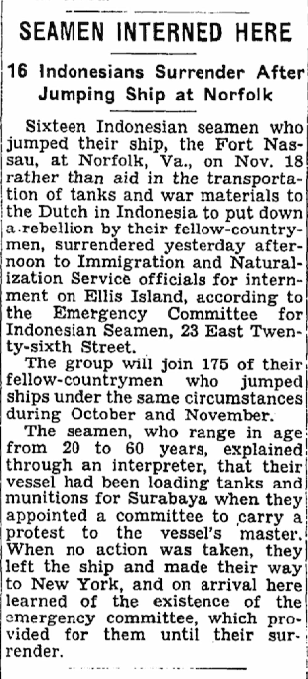 Newspaper clipping: The bylines are Seamen Interned Here, 16 Indonesians Surrender after jumping ship at Norfolk.