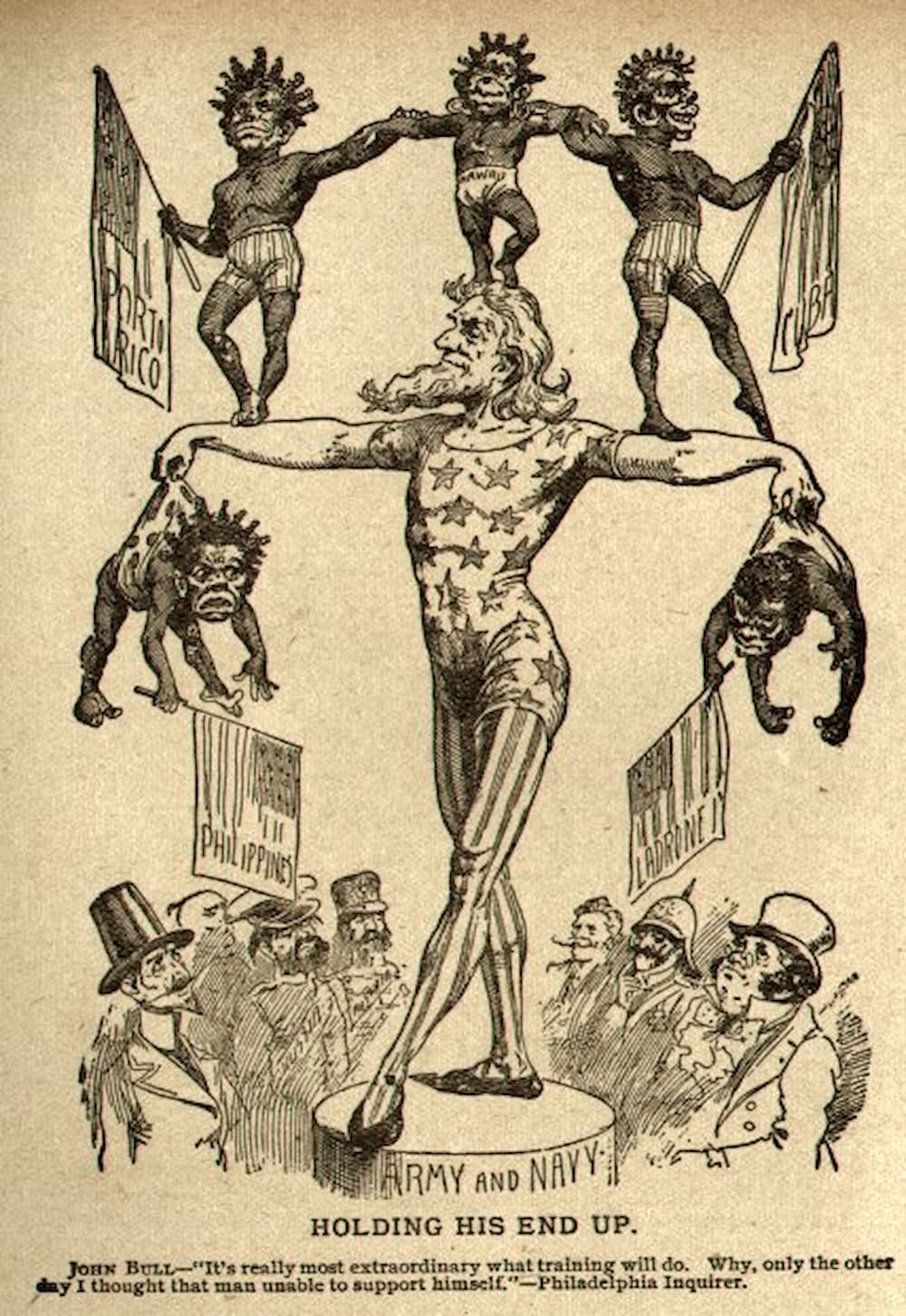Cartoon Uncle Sam in a U.S. flag onesie holds two children in his hands as three more stand atop him. Figures of European nations look at them.
