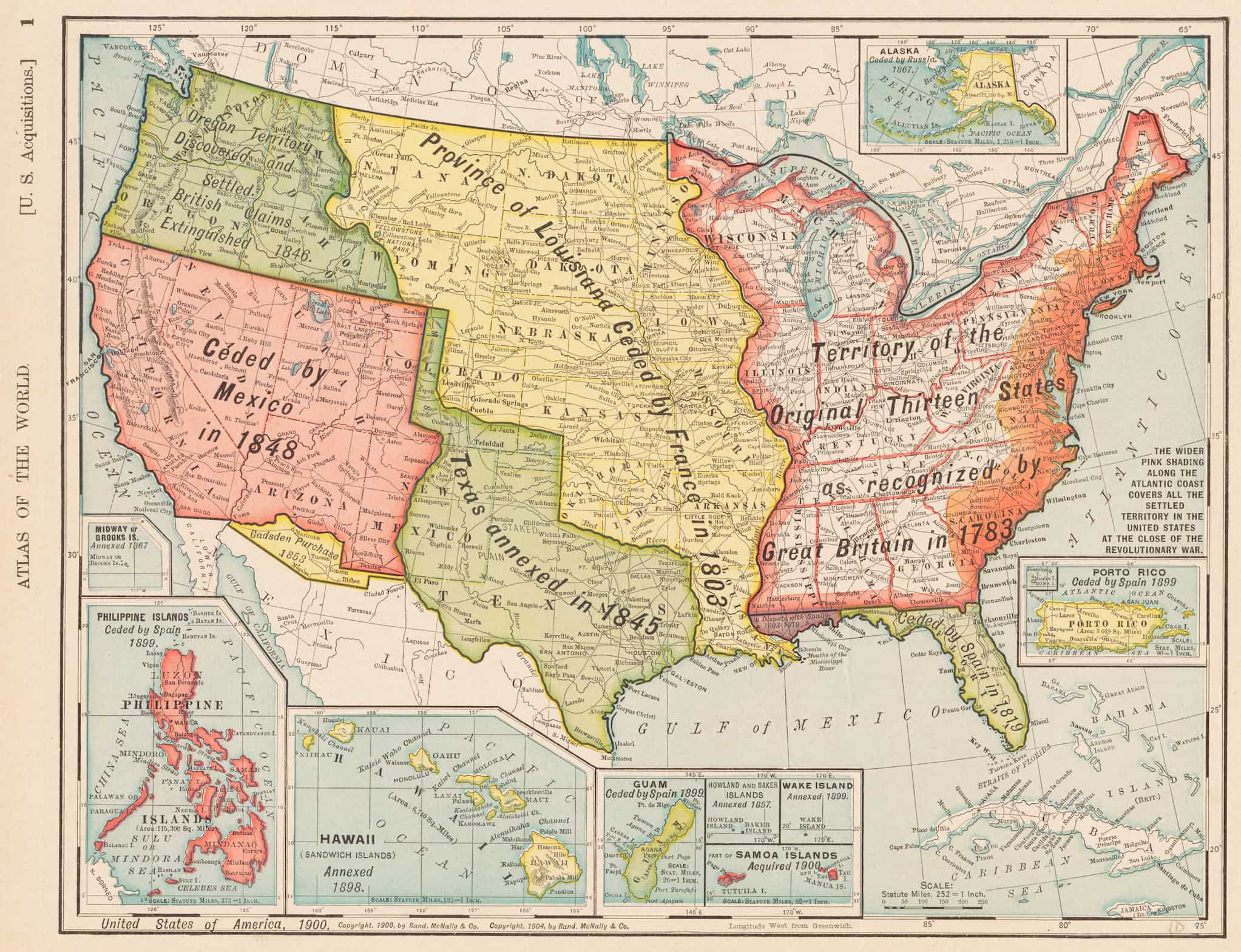 Map shows the acquisition of territory in the year 1900. Country is divided into colorful sections which indicate when and how land was acquired.