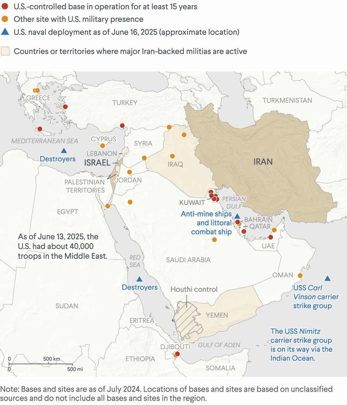 Map of known U.S. military presence in the Middle East. Bases and other sites are marked by dots. U.S. naval deployment is marked by triangles.