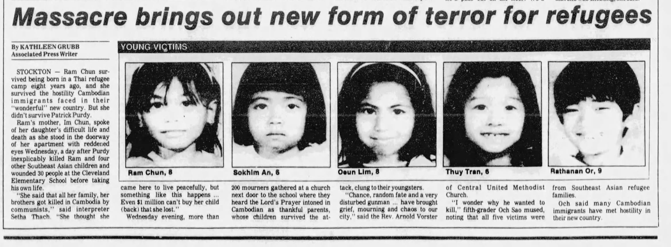 Article entitled "Massacre brings out new form of terror for refugees." Portraits of five elementary school children who were murdered appear beneath.