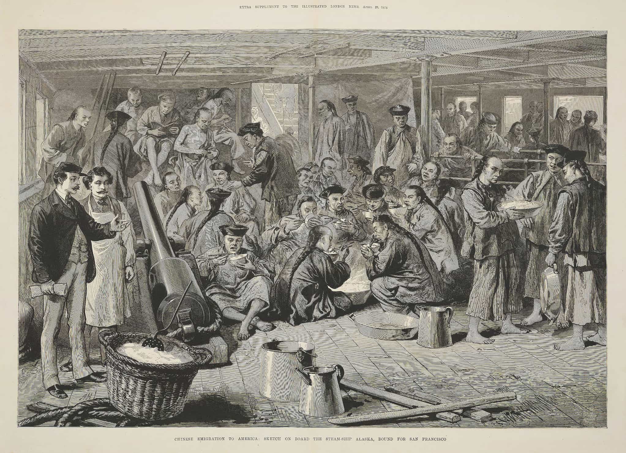 Illustration depicts the interior area of a steam ship. Two white men on the left gaze at a crowd of Chinese emigrants eating food and socializing.