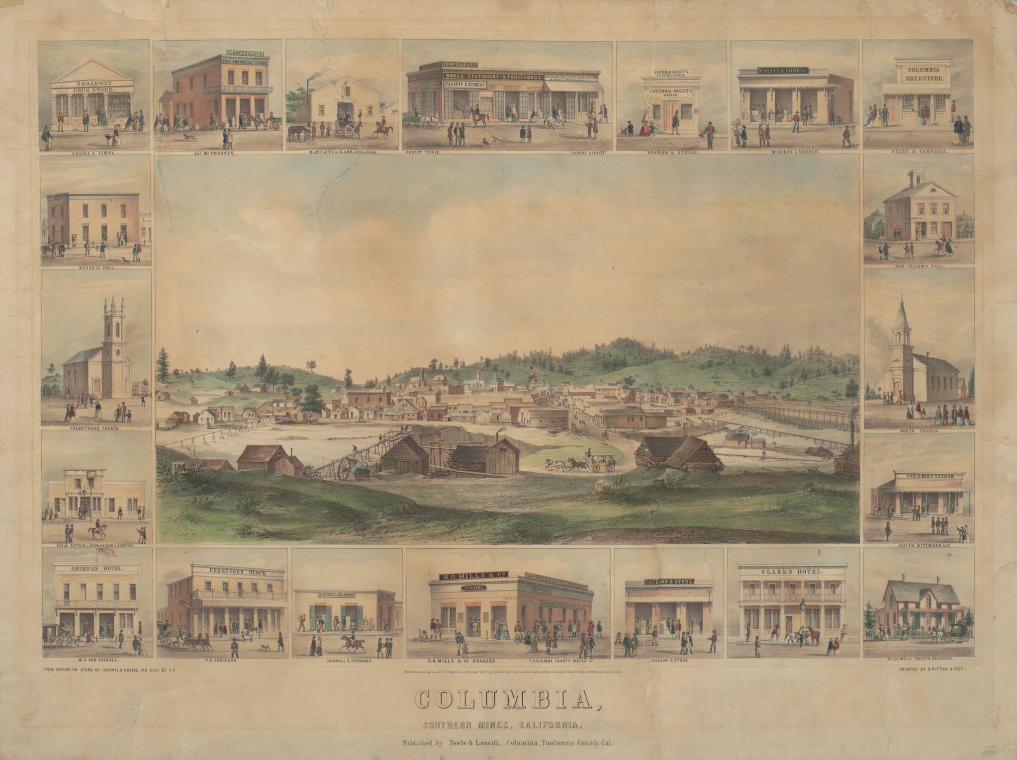 Illustration depicts mining operations and town nestled in hills framed by sketches in the margin depicting local businesses, churches, hotels, banks.