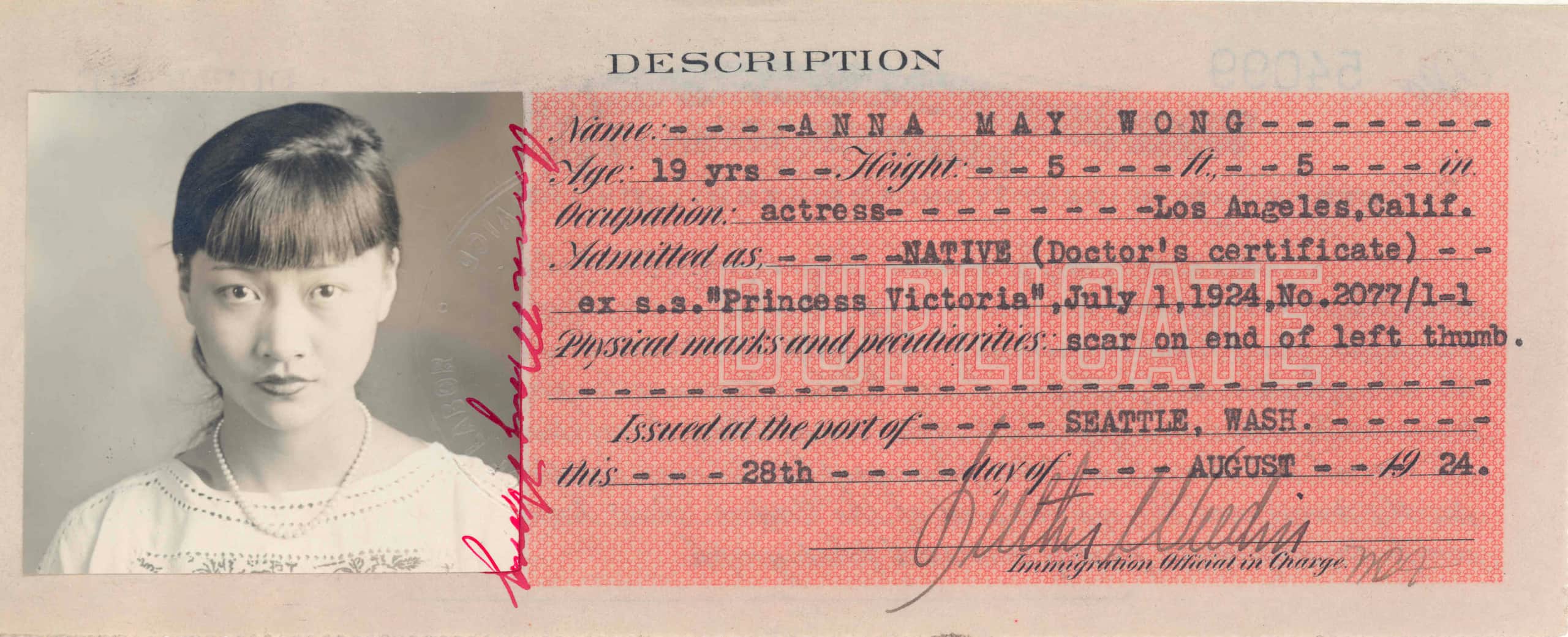 Anna May Wong's Certificate of Identity at age 19 issued to her despite being an American citizen. It has a photo of Anna and lists her information.