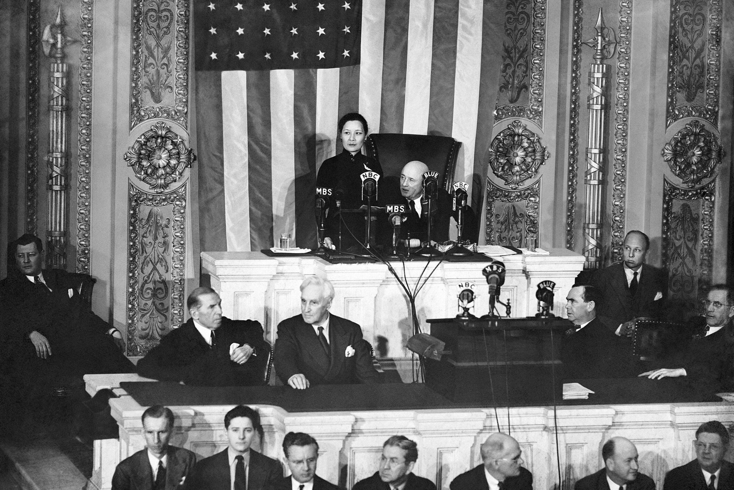Chinese political figure Soong Mei-ling also known as Madame Chiang stands on a dais to address the House of Representatives in Washington, D.C.