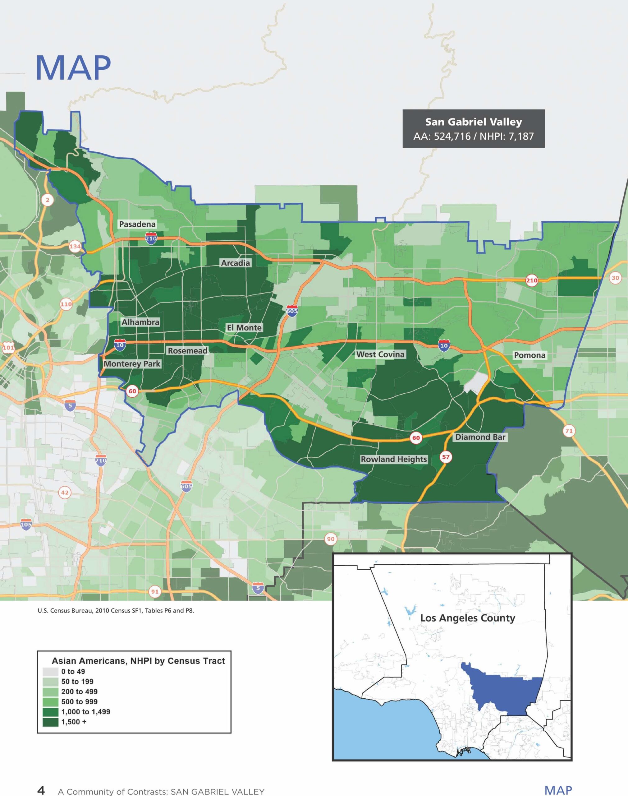 Varying shades of green denote Asian American, NHPI population across San Gabriel Valley, with darker colors indicating larger number.