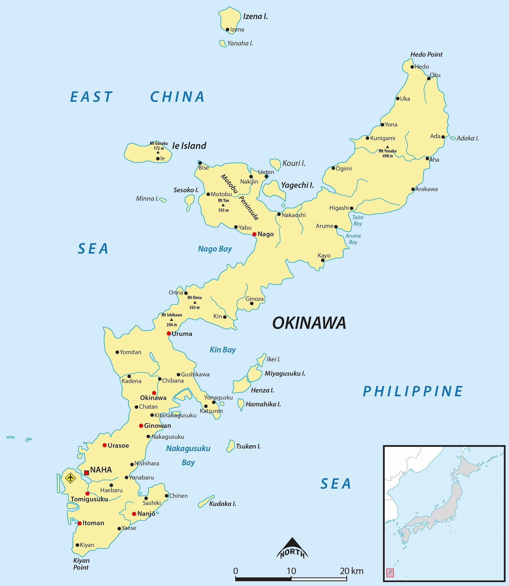A map of Okinawa Island. East China Sea is to the left of the island, Philippine Sea is to the right. Both are labeled in blue text.