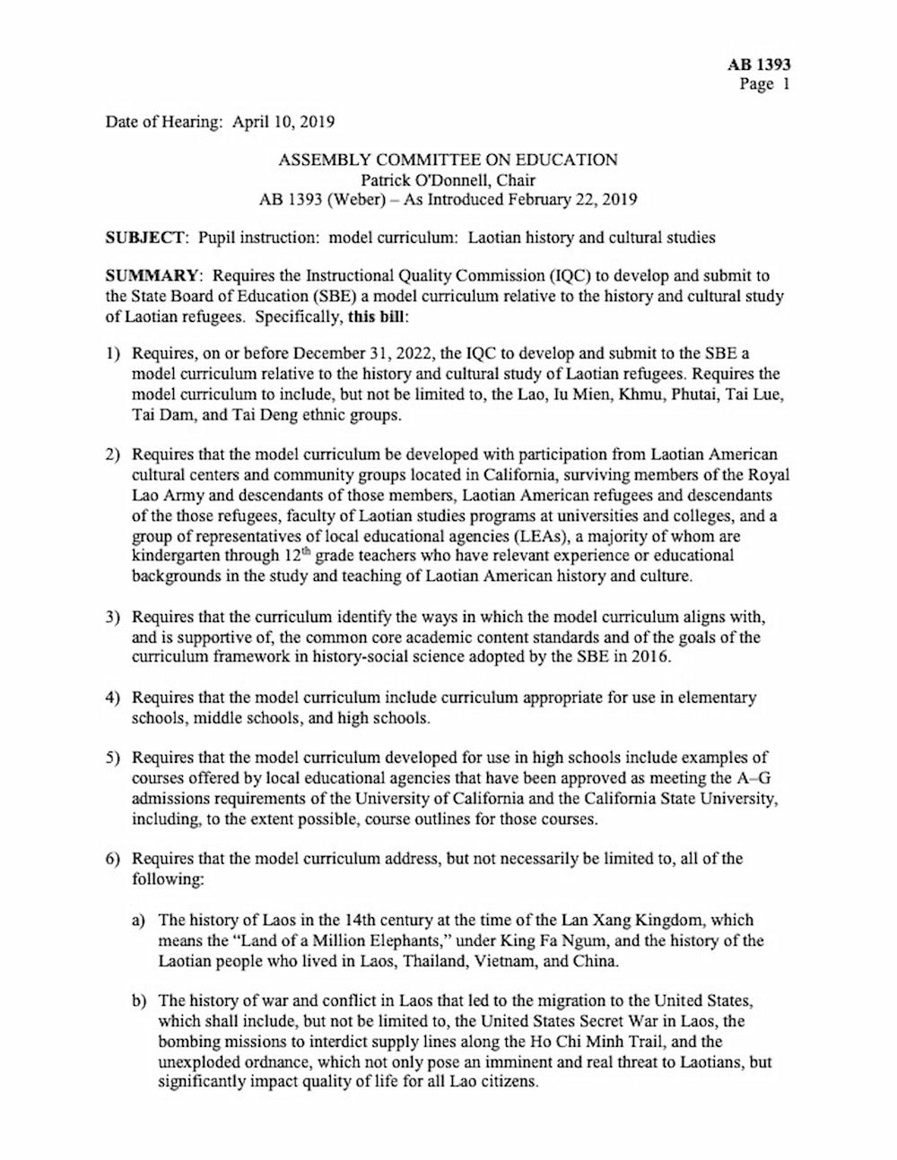 Page one of Assembly Committee on Education hearing on AB-1393, which proposes curriculum on Laotian history and cultural studies be developed.