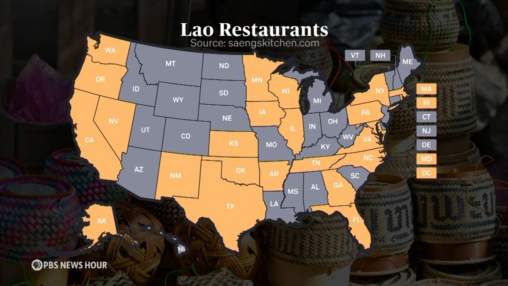 Map of the U.S. shows where Lao restaurants are located with the states and Washington, D.C. highlighted in yellow.