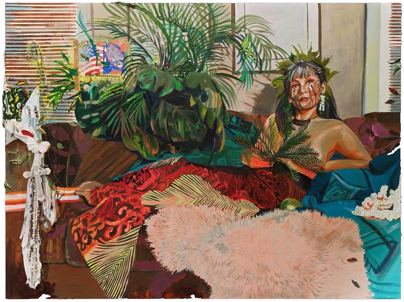 Colorful oil painting of CHamoru woman. She is seated on a couch wearing a patterned textile wrapped around her waist and floral crown.