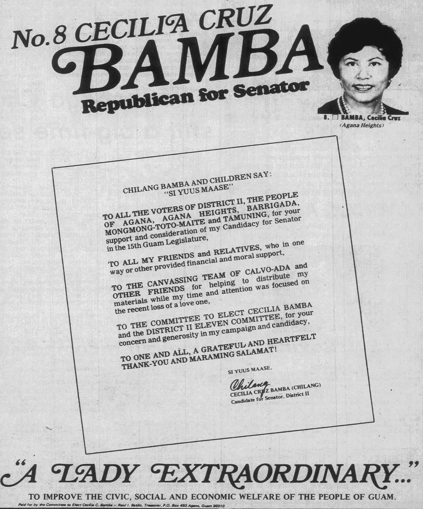 Election flyer for CHamoru Cecilia Bamba with her headshot on the top right. Centered is a thank you letter to all her campaign supporters.