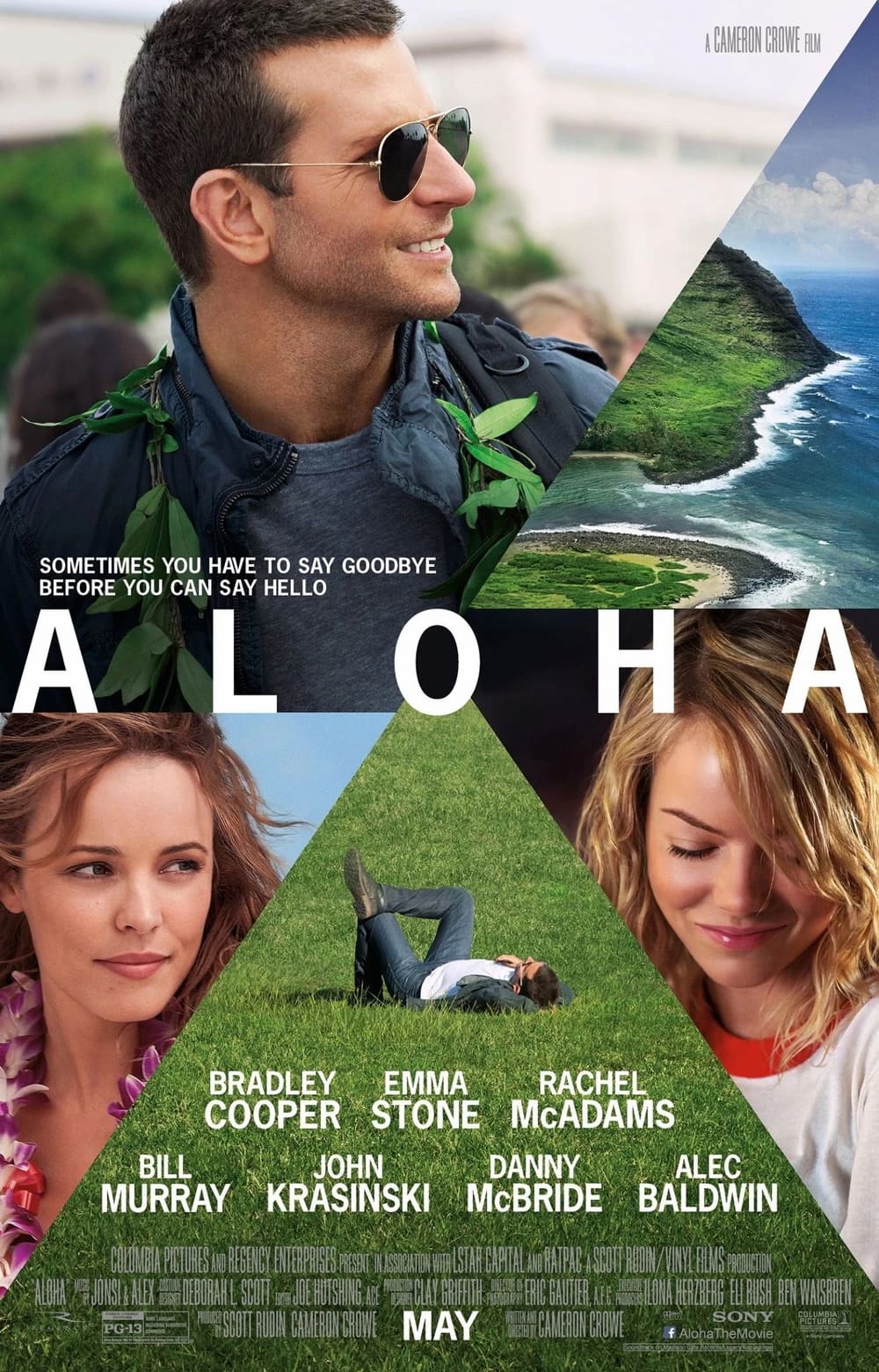 Poster for film Aloha, with title at center in white font. Photos of characters, all played by white actors, are arranged above and below title.
