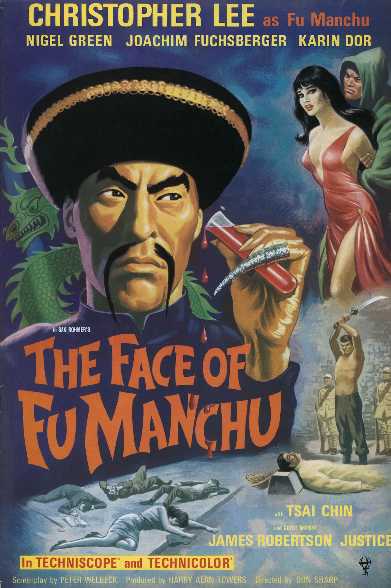 Illustrated poster for The Face of Fu Manchu. Fu Manchu is positioned near center, with a dragon behind him. Violent vignettes appear around border.
