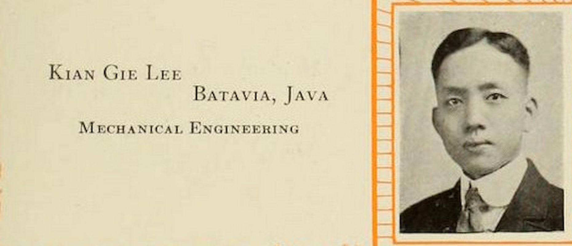 Early yearbook photos of 2 Indonesian students. One studies mechanical engineering; the other education and is part of the Chinese student club.