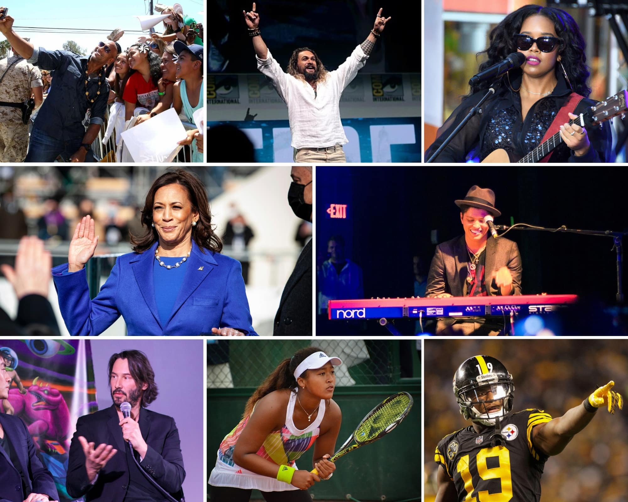 A collage of Dwayne “The Rock” Johnson, Jason Momoa, H.E.R., Kamala Harris, Bruno Mars, Keanu Reeves, Naomi Osaka, and Juju Smith-Schuster.
