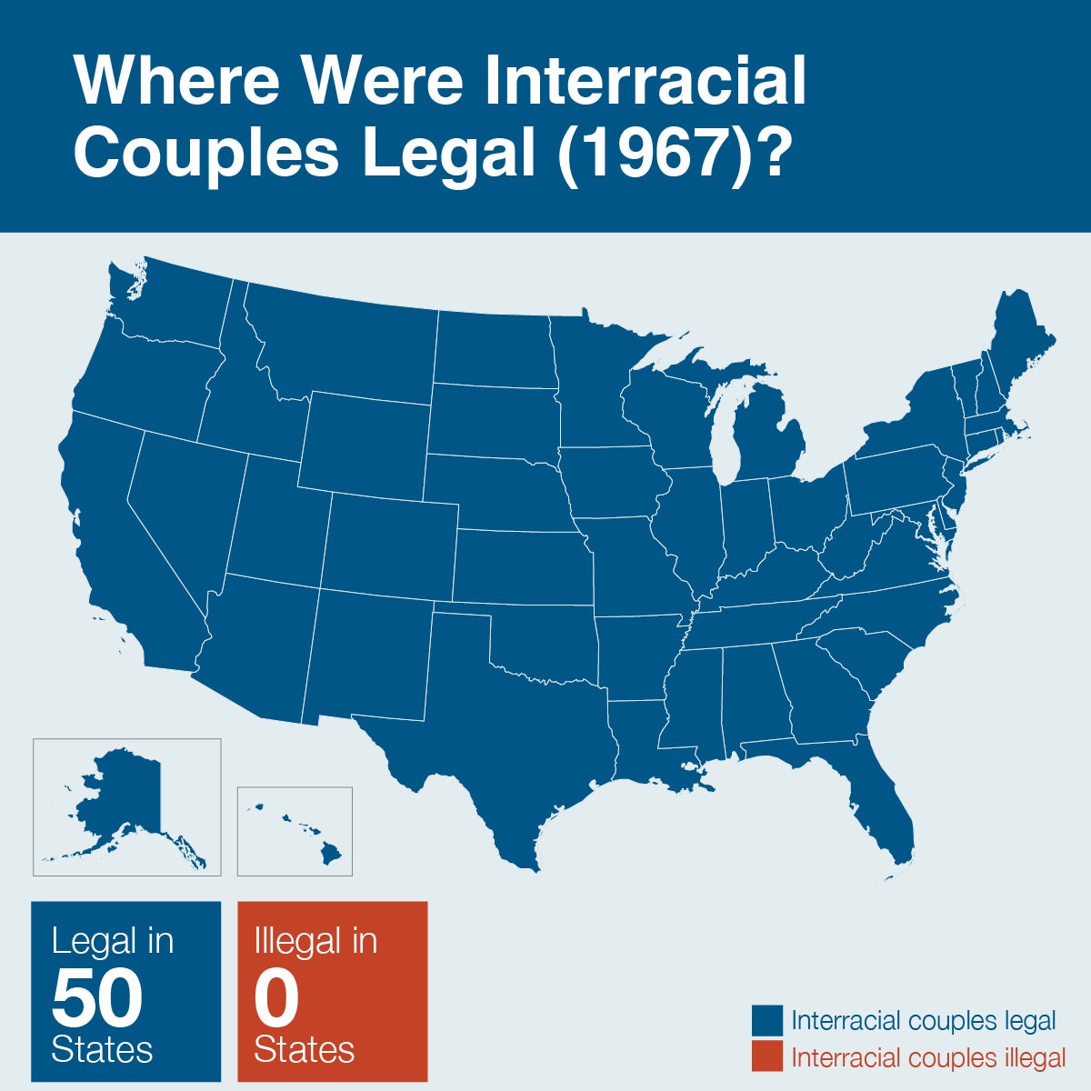 A map shows that interracial marriage and relationships were legal in all 50 states in 1967.
