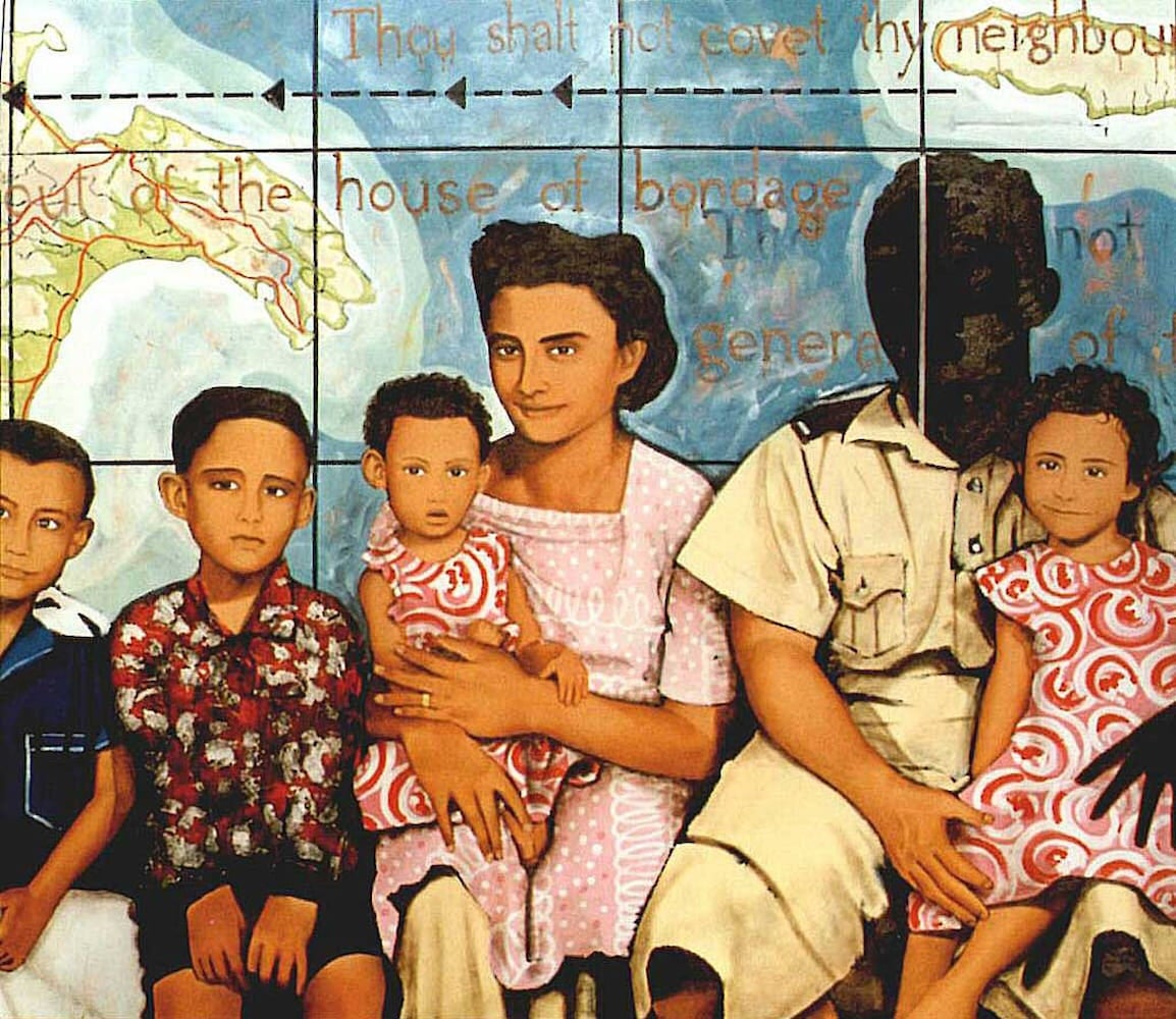 Painting: An Asian woman and a soldier with a blacked-out face sit with their 4 children in front of a map shows bits of Bible verses.