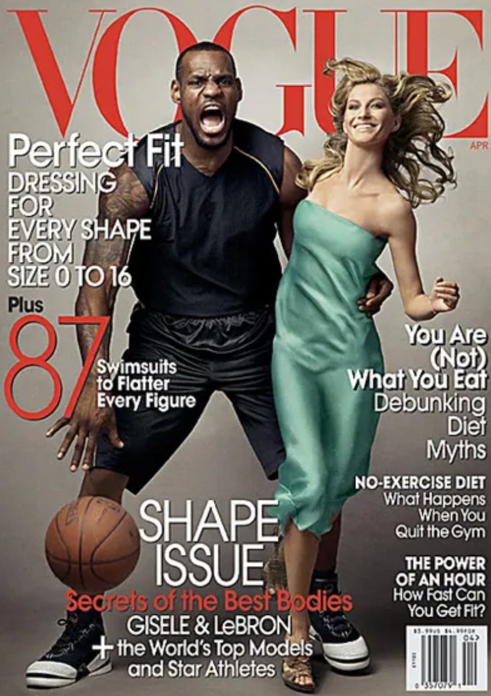 LeBron James casually dribbles a basketball with his arm around glamourous Gisele Bundchen for the cover of Vogue. James’ mouth is open mid-shout.