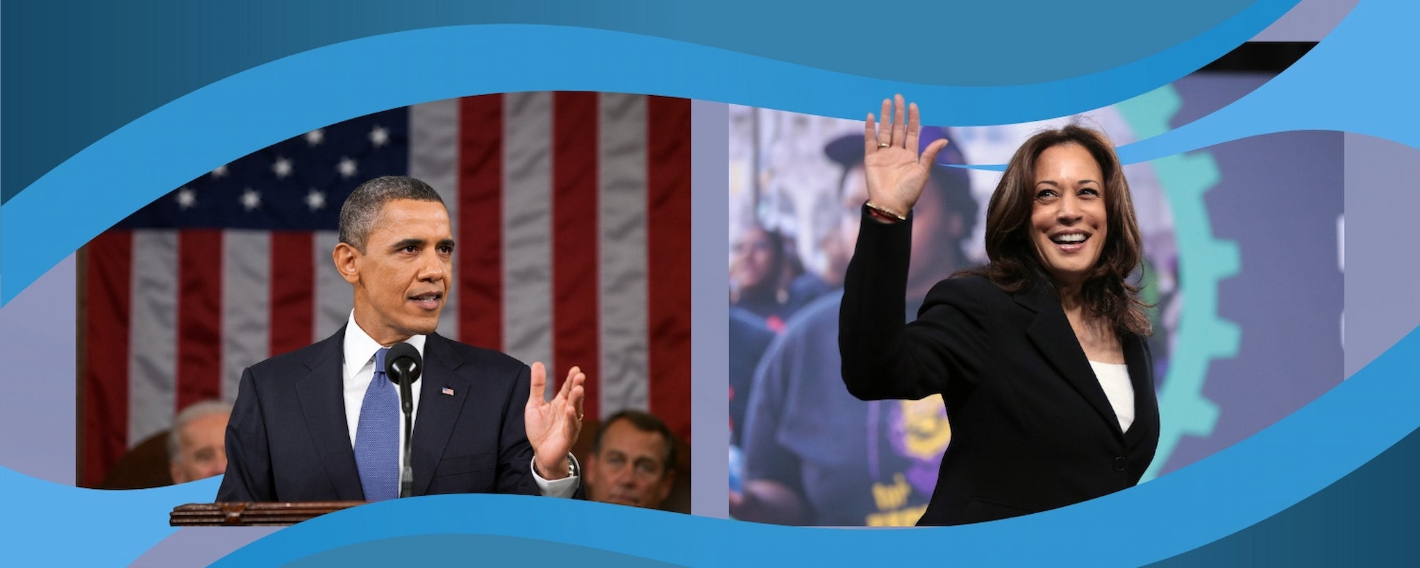 A collage of President Obama at a podium with the American flag behind him, and Kamala Harris smiling and waving.