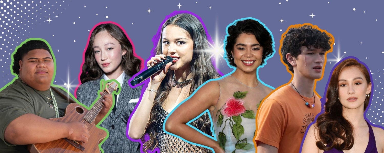 Cutout images of Iam Tongi, Havana Rose Liu, Olivia Rodrigo, Auli‘i Cravalho, Charlie Bushnell, and Lola Tung on a purple background with stars.