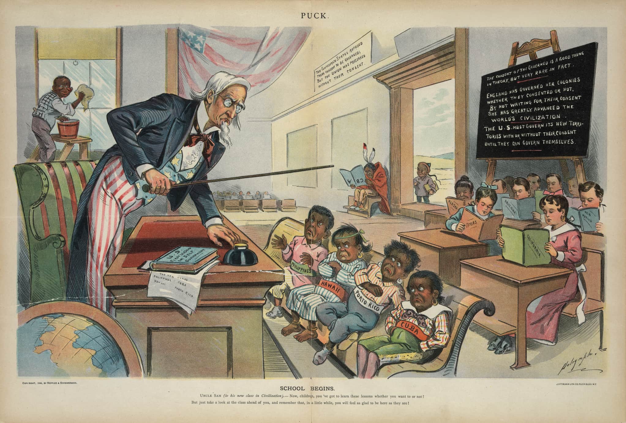 Cartoon with Uncle Sam, a white man dressed in stars and stripes of U.S. flag, who looms over brown children wearing names of different countries.
