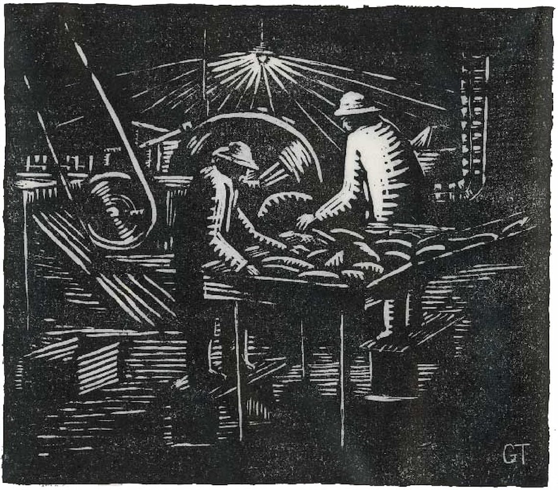 A block print of two cannery workers feeding fish into the salmon processing machine. The room is lit by a single light bulb.