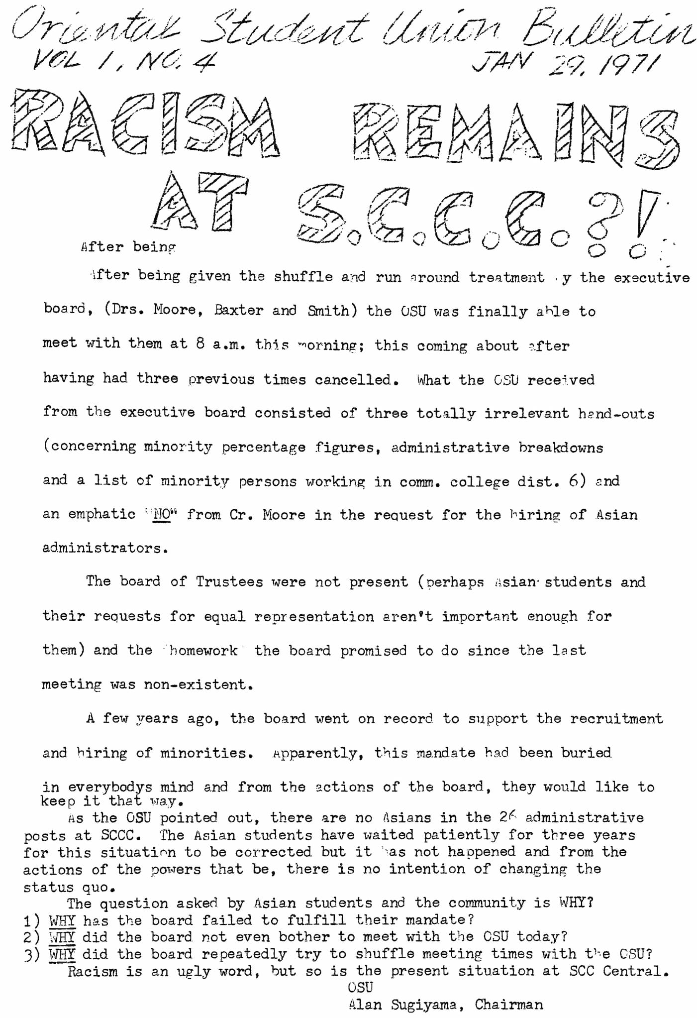 Typed bulletin with the handdrawn headline, Racism Remains at SCCC.