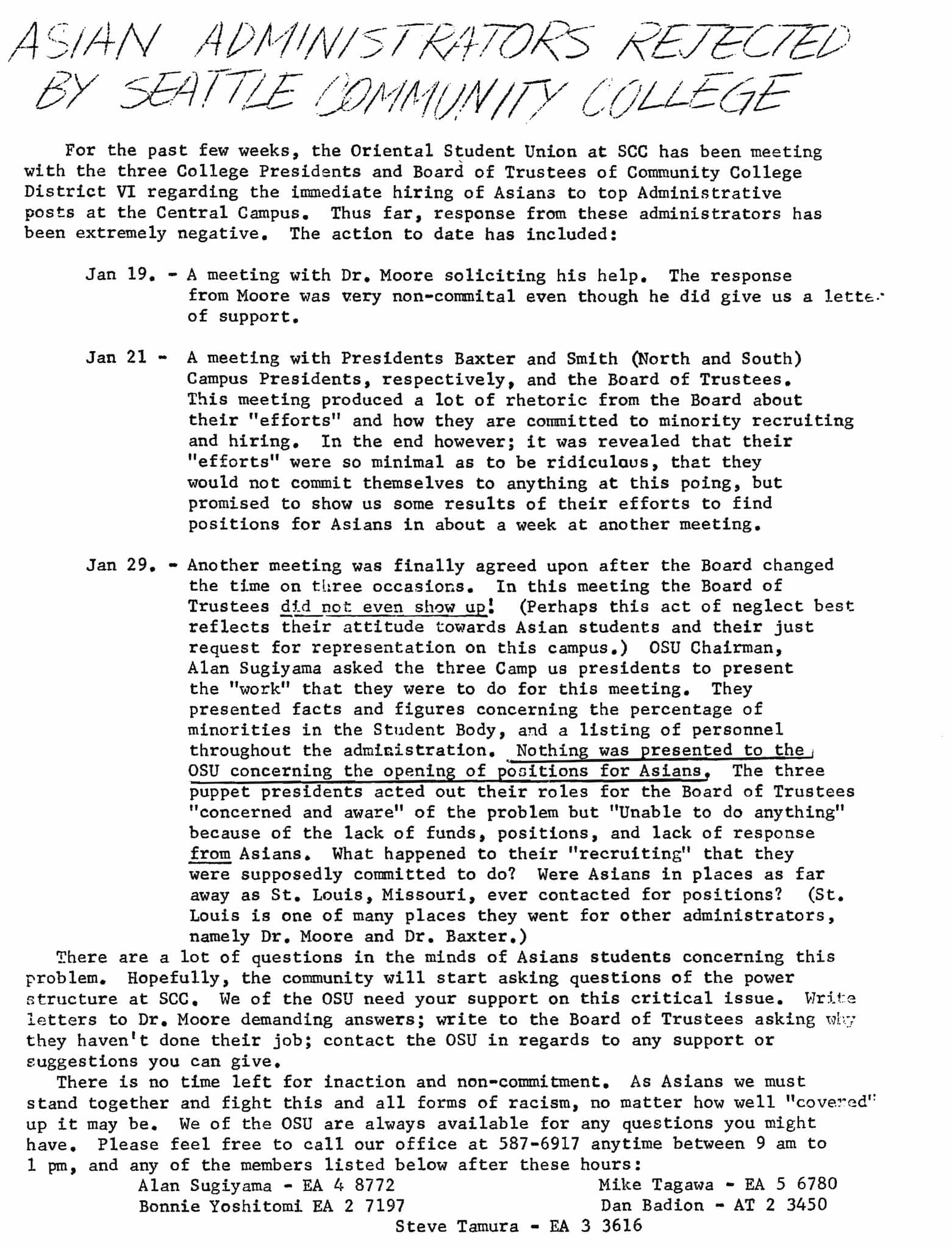 Typed bulletin with the headline, Asian Administrators Rejected by Seattle Community College.