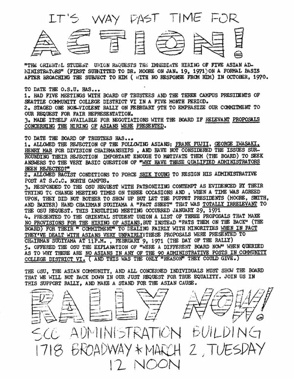 Typed bulletin with the headline, It's Way Part Time for Action and Rally Now handdrawn at the bottom.