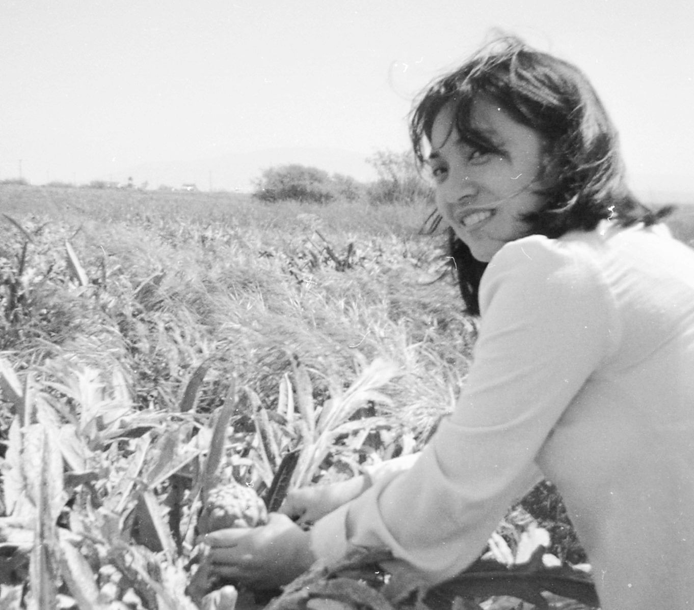 Lillian Fabros, a young Filipino American woman in a loose, light colored top, smiles while crouching near artichokes growing in a field.
