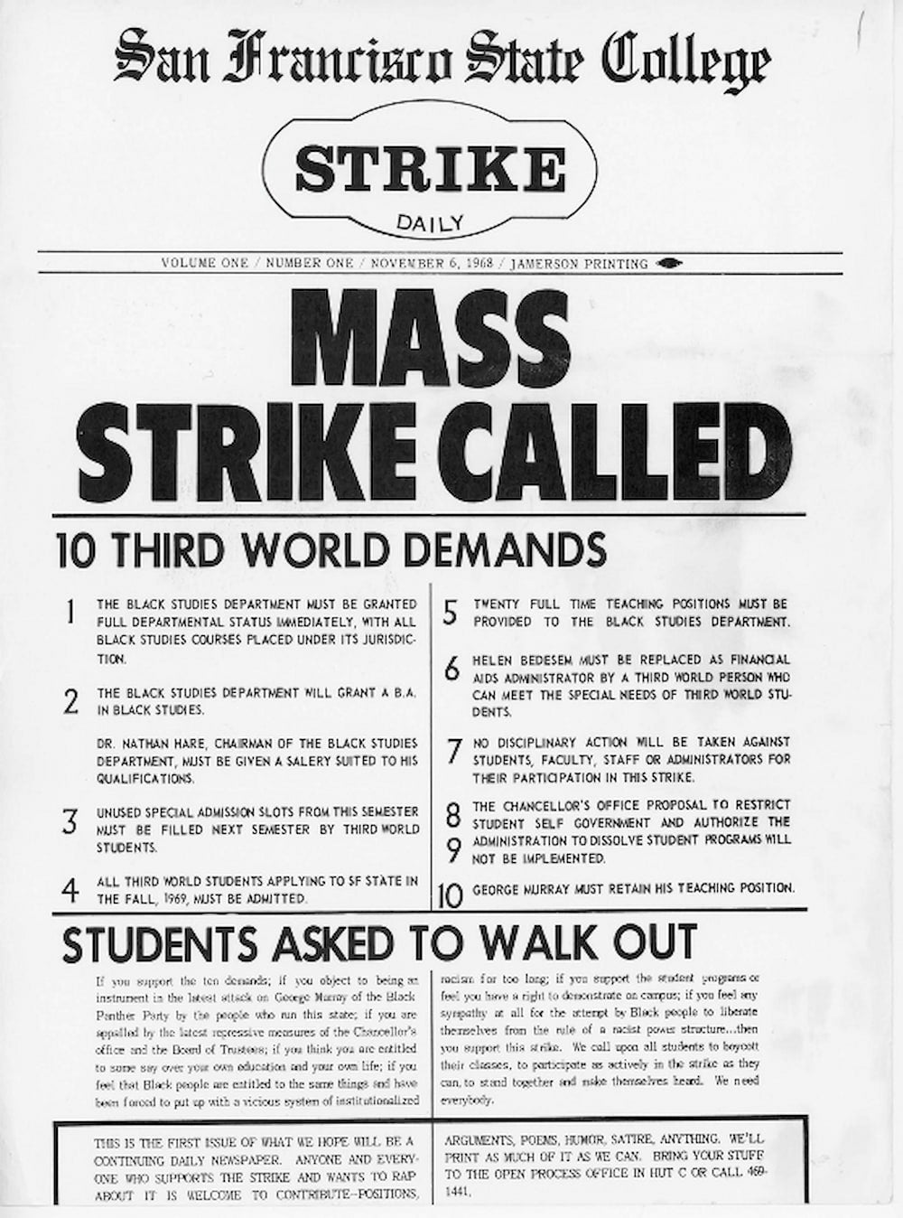 Leaflet with headline "Mass Strike Called." Two subheadings, "10 Student Demands" and "Students Ask to Walk Out," appear below.
